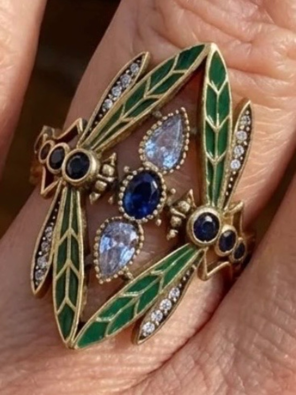 Vintage Art Nouveau Dragonfly Statement Ring | Emerald Green Enamel | New - Picture 9 of 9